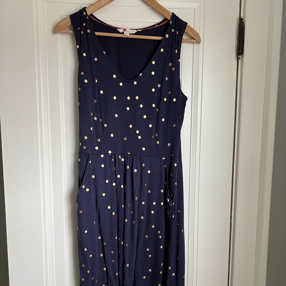 Boden polka dot print navy blue dress.